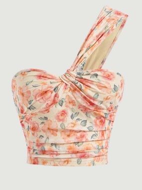 SHEIN Cream One-Shoulder Floral Crop Top with Pink & Coral Flowers